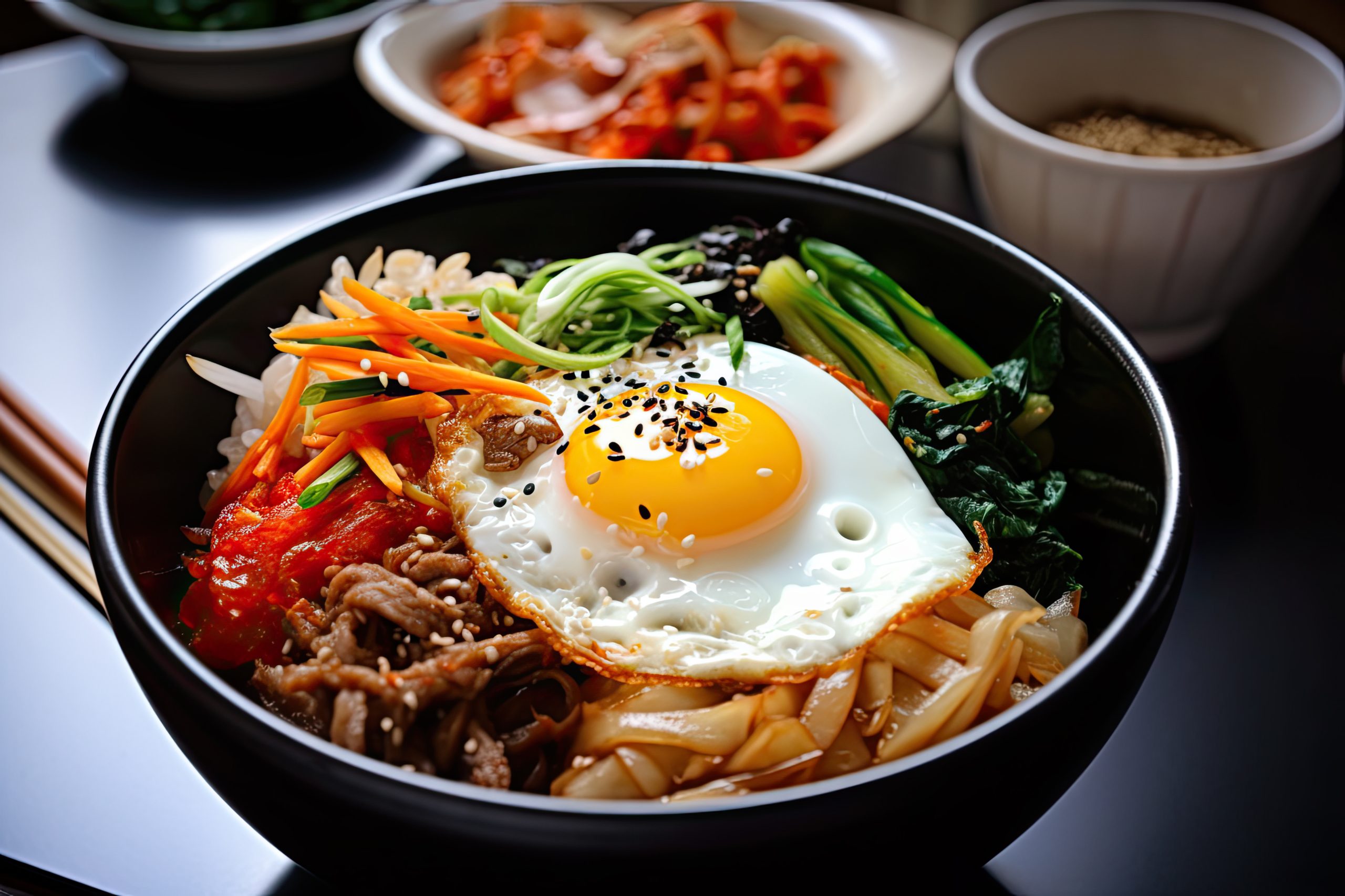 Traditional Korean dish bibimbap with fried agg, beef and vegetables. AI generative Traditional Korean dish bibimbap with fried agg, beef and vegetables. AI generative